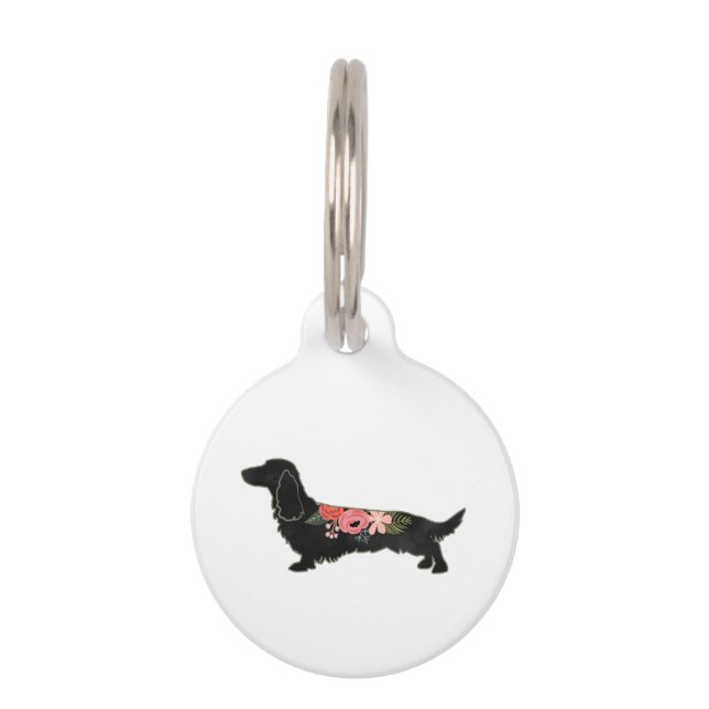 Longhaired Dachshund Bohemian Floral Silhouette Pet Tag (Front)