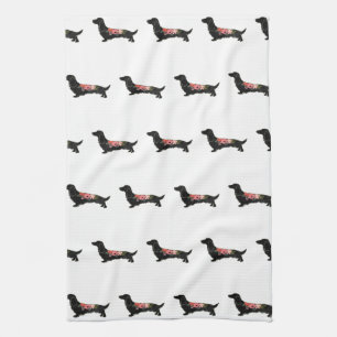 Longhaired Dachshund Bohemian Floral Silhouette Tea Towel