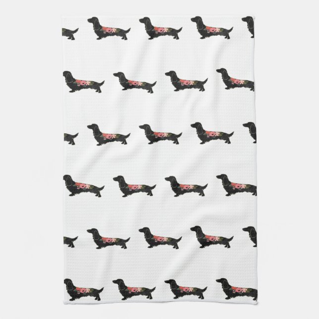 Longhaired Dachshund Bohemian Floral Silhouette Tea Towel (Vertical)