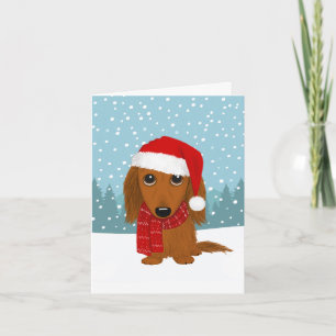 Longhaired Dachshund Santa Wiener Dog Christmas Holiday Card