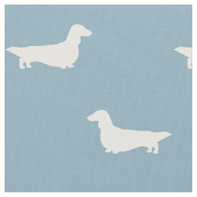 Longhaired Dachshund Silhouettes Blue and White Fabric (Close Up)