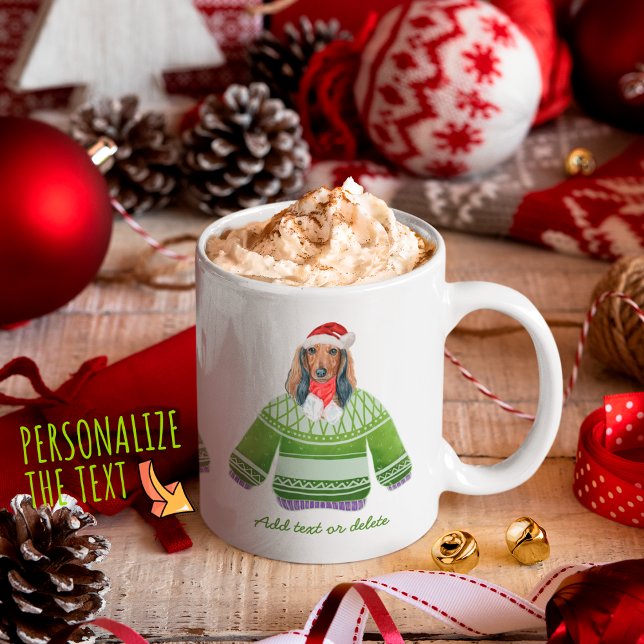 Longhaired Dachshund Wearing Ugly Sweater Xmas Dog Coffee Mug (Creator Uploaded)