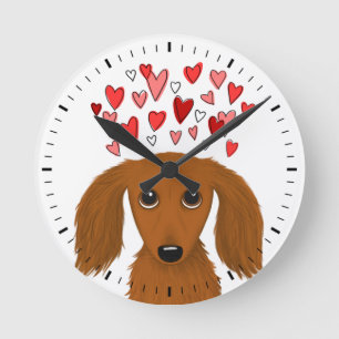 Longhaired Dachshund with Valentine Hearts Cute Round Clock