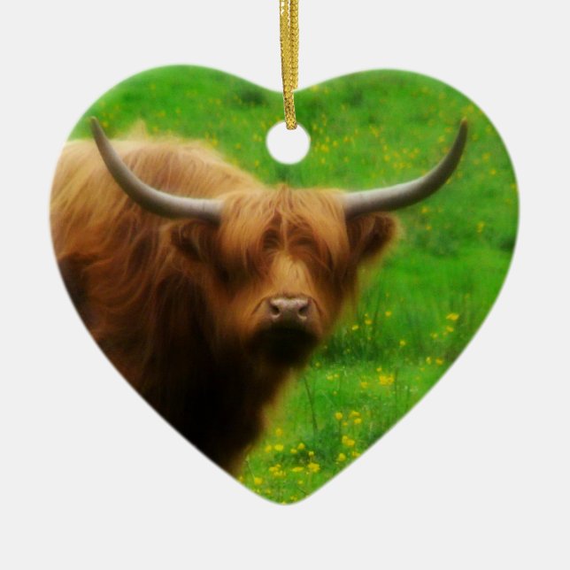 Longhaired LongHorn with Long Horns Ceramic Tree Decoration (Front)