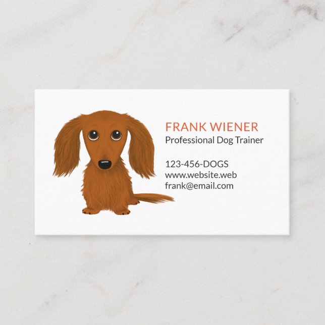 Longhaired Red Dachshund | Cute Doxie Cartoon Dog Business Card (Front)