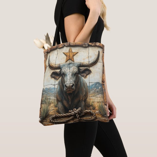  Longhorn Bull Rope Gold Star Desert Mountains Tote Bag (Close Up)