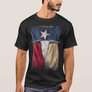 Longhorn Bull Skull on Distressed Texas Flag T-Shirt