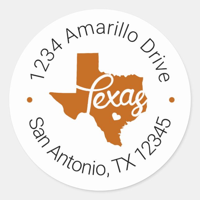 Longhorn Burnt Orange Texas Heart Address Label (Front)