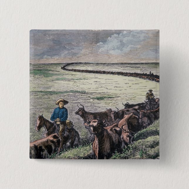 Longhorn cattle drive from Texas to Abilene, Kansa 15 Cm Square Badge (Front)
