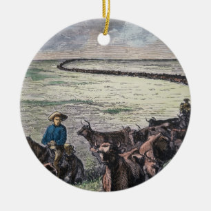 Longhorn cattle drive from Texas to Abilene, Kansa Ceramic Tree Decoration