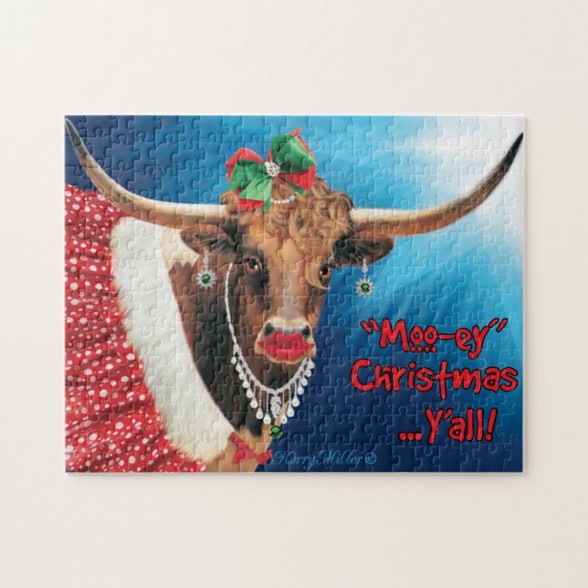 Longhorn Cow Christmas Jigsaw Puzzle (Horizontal)