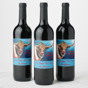 Longhorn Cow Christmas Wine Label