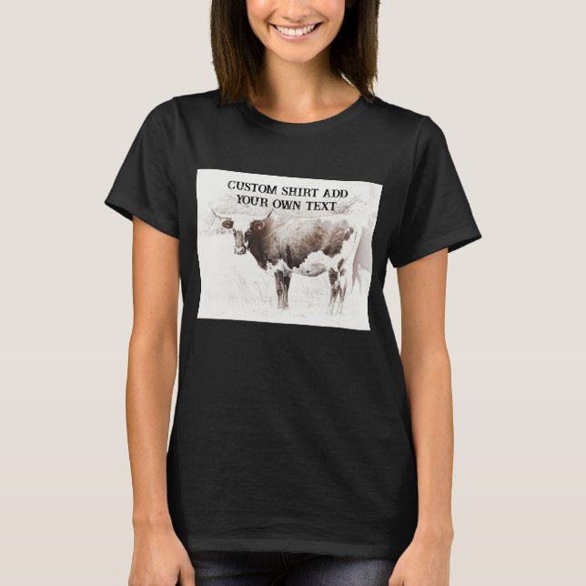  longhorn cow sepia photo art add your own text T-Shirt (Front)