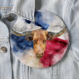 Longhorn cow with Texas Flag Map Watercolor 6 Cm Round Badge