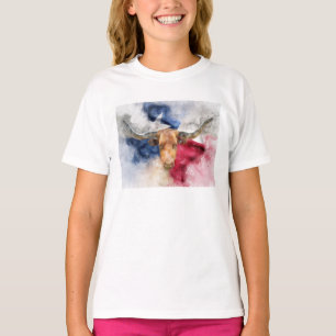 Longhorn cow with Texas Flag Map Watercolor T-Shirt