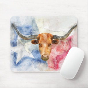 Longhorn cow with Texas map and Flag Watercolor Mouse Mat