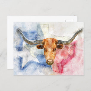 Longhorn cow with Texas map and Flag Watercolor Postcard