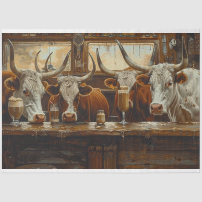 Longhorn Cows at the Western Dairy Bar Decoupage Tissue Paper (Front)