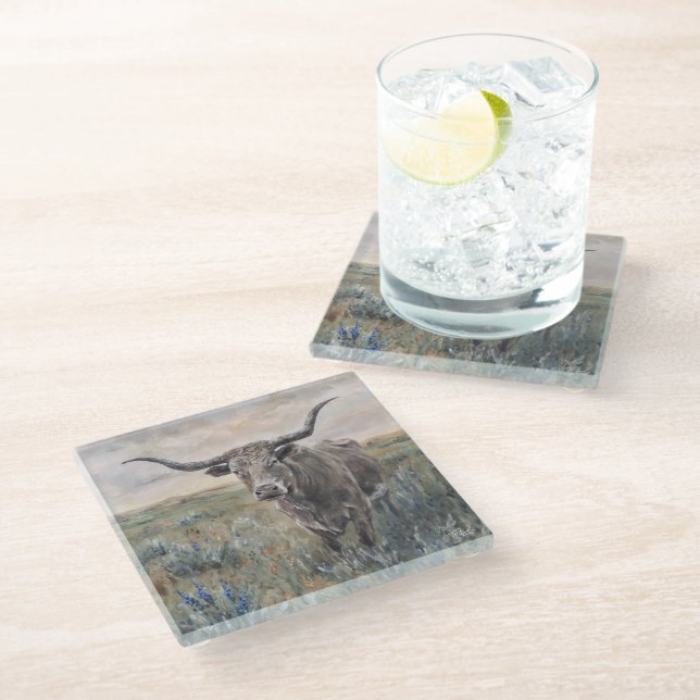"Longhorn" Hand painted Glass Coaster (Angled)