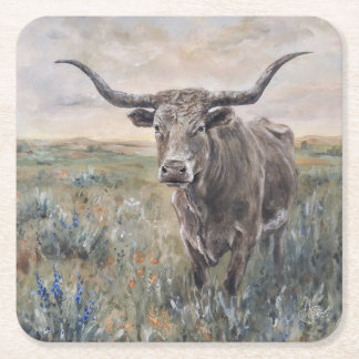 "Longhorn" Hand painted Square Paper Coaster
