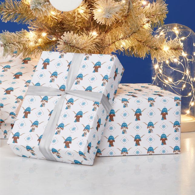 Longhorn in Bright Blue Ski Cap and Scarf Pattern Wrapping Paper (Holidays)