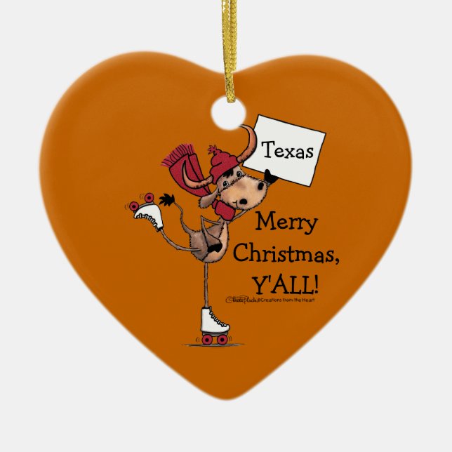 Longhorn Roller Skating-Merry Christmas Y'all! Ceramic Tree Decoration (Front)