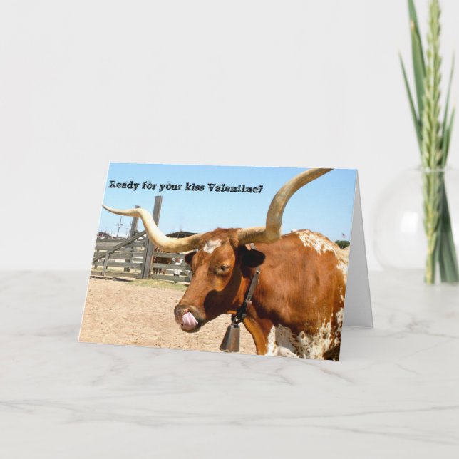 Longhorn steer ready to give you a valentine kiss holiday card (Front)