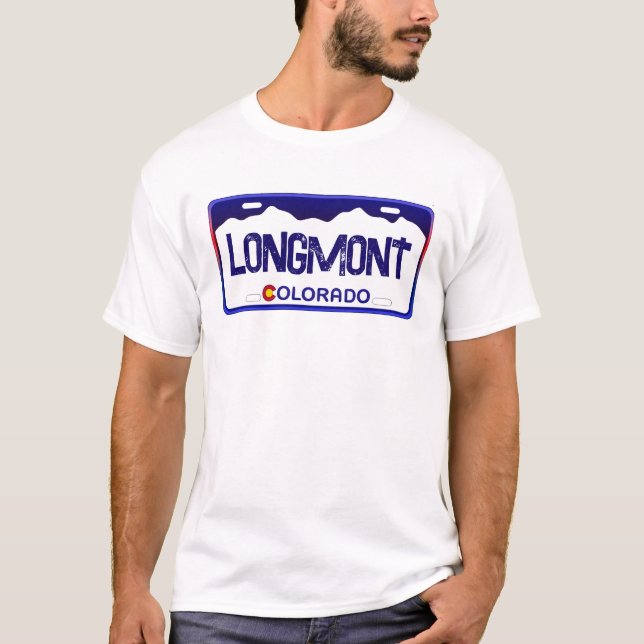 Longmont Colorado blue license plate shirt (Front)