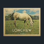 Longview Texas Horse Farm - Vintage Travel Postcard<br><div class="desc">Longview Texas rural vintage travel postcard.  It features a white horse grazing on green grass with fence and blue clouds sky above. A fun country farm image with rustic charm.</div>