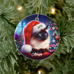 Lonh Hair Siamese Cat in a Santa Hat Christmas Ceramic Tree Decoration