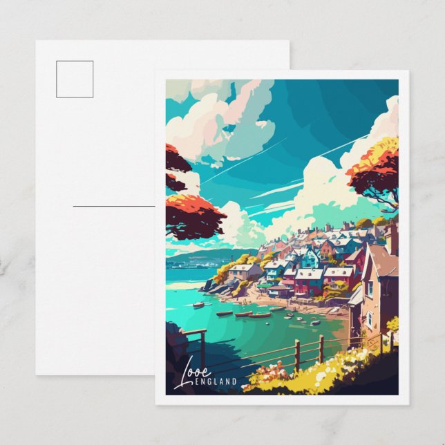 Looe England vintage travel illustration Postcard (Front/Back)