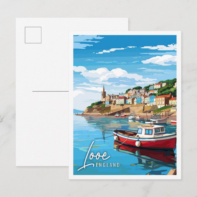 Looe England vintage travel illustration Postcard (Front/Back)