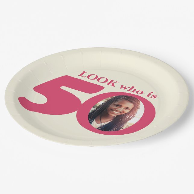 Look 50th birthday photo cream pink paper plate (Angled)