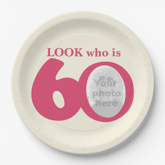 Look 60th birthday photo cream pink paper plate (Front)