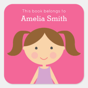 Look-Alike Girl Brunette Ponytails Bookplates  Square Sticker