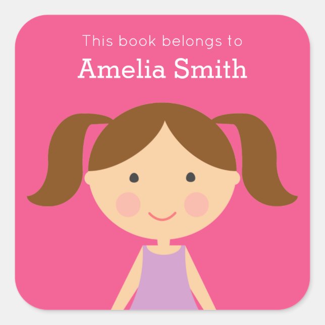 Look-Alike Girl Brunette Ponytails Bookplates  Square Sticker (Front)