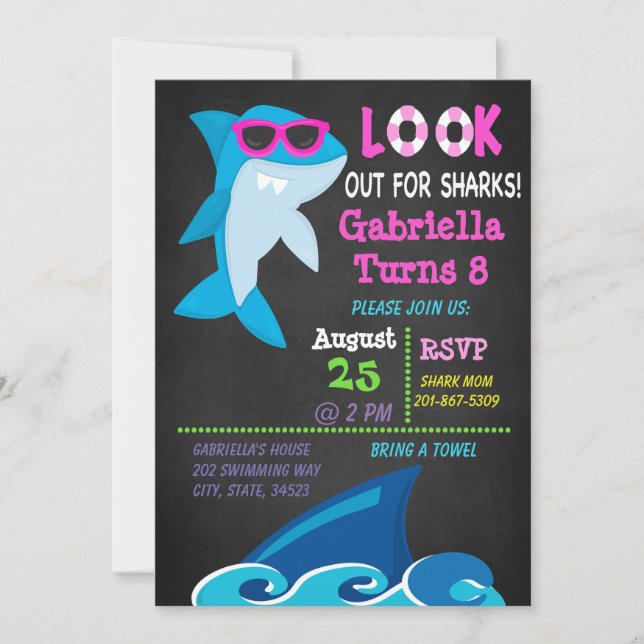 Look Out For Sharks .Girls Pool Party  Invitation (Front)