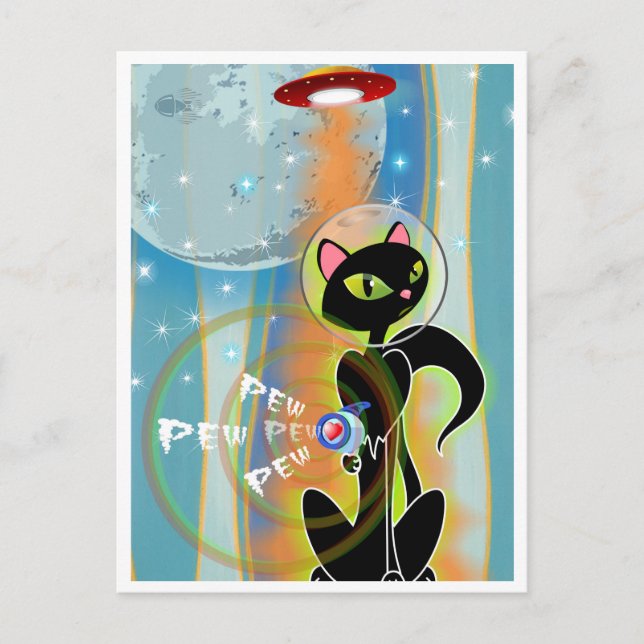 LOOK OUT! KITTEN GOTTA RAYGUN BY TRISTAN BERLUND POSTCARD (Front)