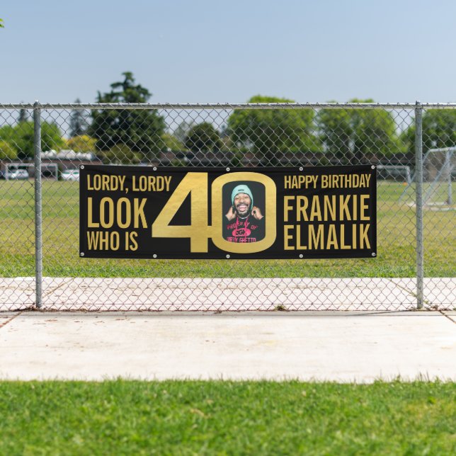 Look who 40 40th birthday party photo black gold banner (Insitu)
