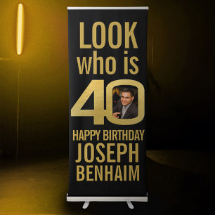 Look who 40 40th birthday party photo black gold retractable banner
