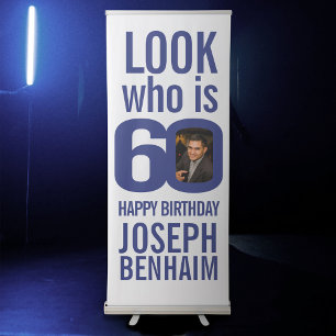 Look who 60 60th birthday party photo blue white retractable banner