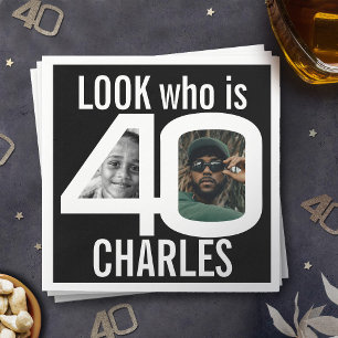 Look who is 40th birthday 2 photos black party napkin