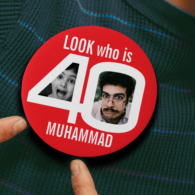 Look who is 40th birthday 2 photos red party 3 cm round badge (Creator Uploaded)