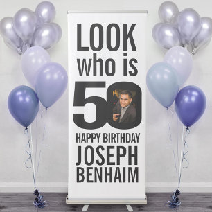 Look who is 50 50th birthday photo black white retractable banner