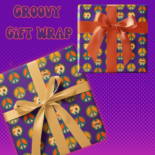 Look Who is 70 1960's Hippie Peace Glasses Wrapping Paper (Retro Hippie Peace glasses with the 70 in one lenz groove out on a rich purple background. Too Cool)