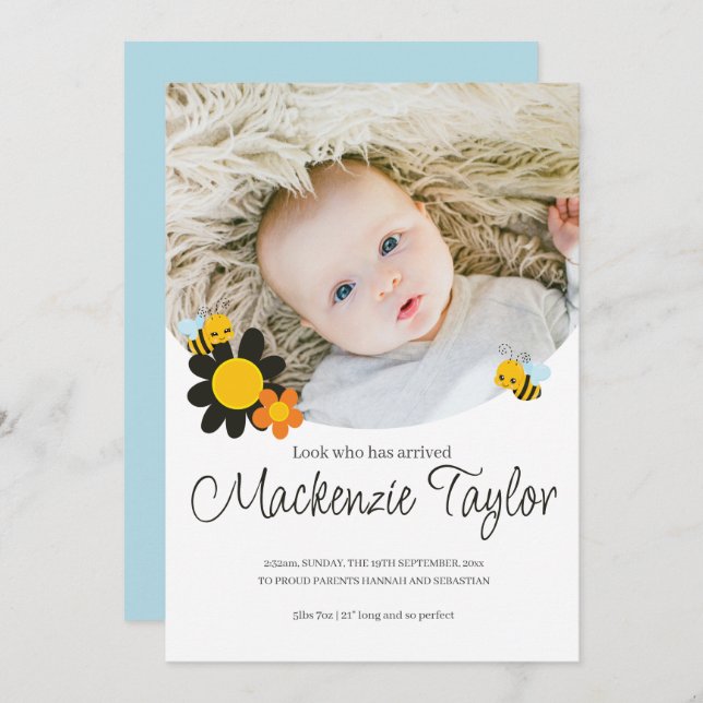 Look Who is Here New Baby Bee themed Announcement (Front/Back)