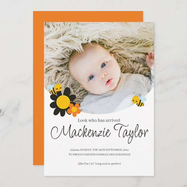 Look Who is Here New Baby Bee themed Announcement (Front/Back)