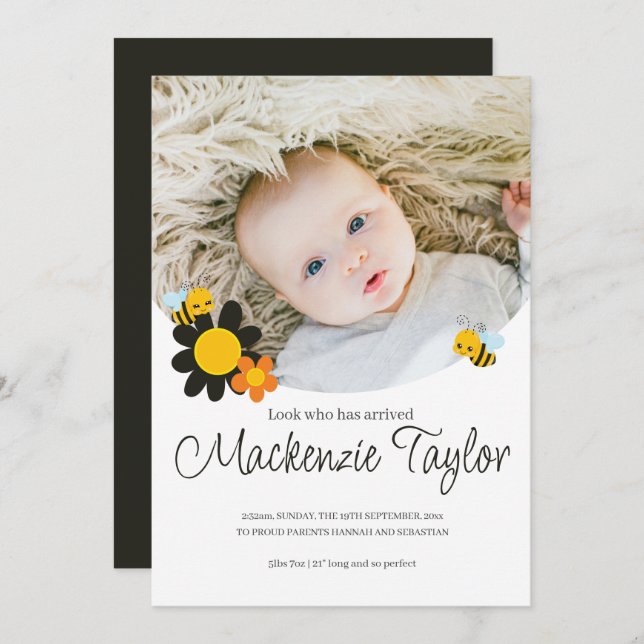 Look Who is Here New Baby Bee themed Announcement (Front/Back)