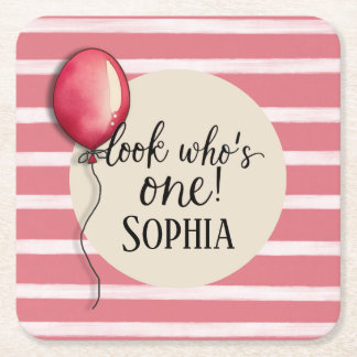 Look who’s one birthday  square paper coaster