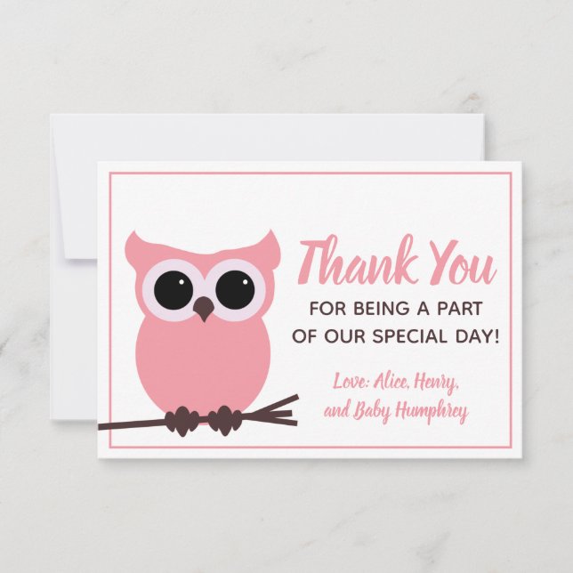 Look Whooo is Almost Due!  Pink Owl Thank You Card (Front)